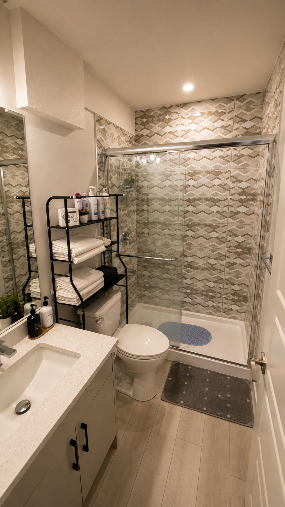Suite bathroom, tiled to the ceiling